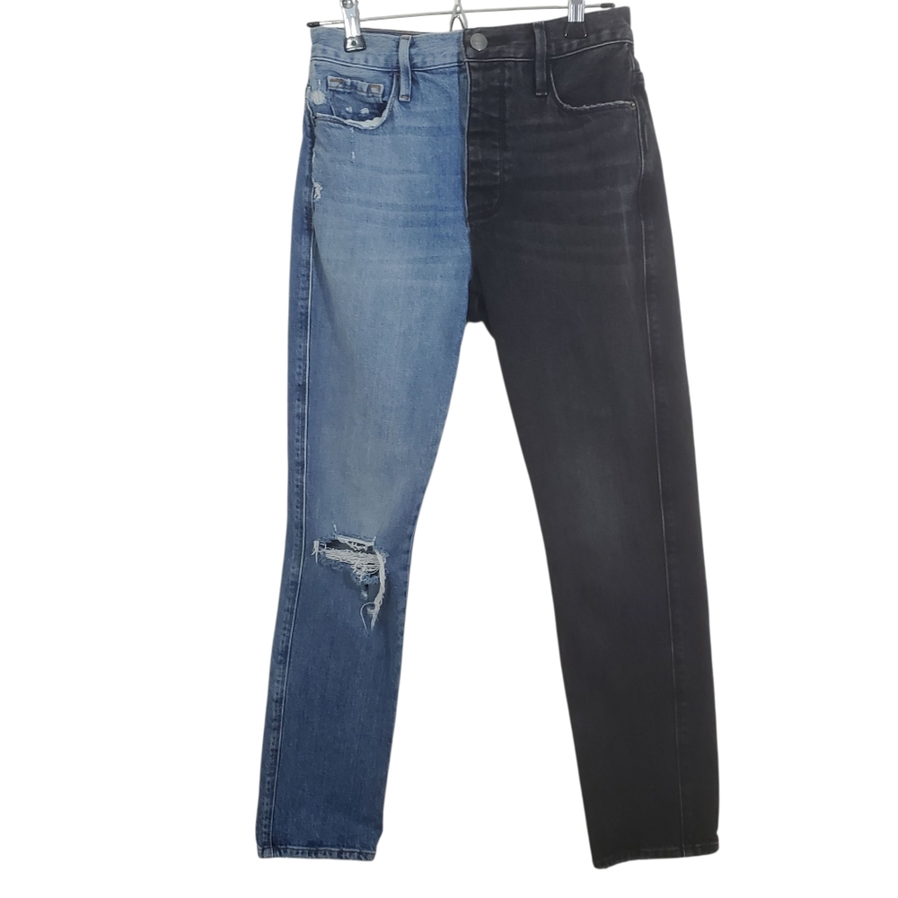 FRAME Le Sylvie Slender Straight Jeans Two Tone Black Blue Distressed Size 25